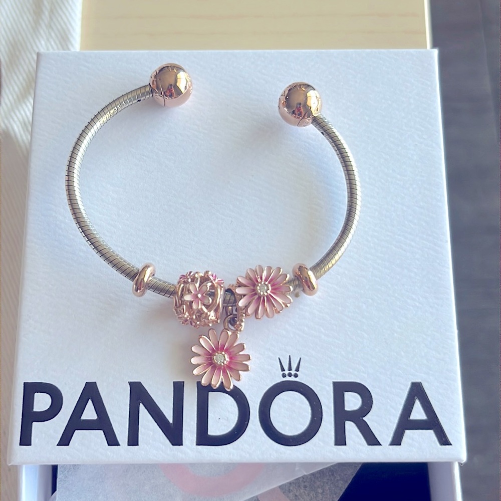 Pandora Pink Flowers Charm Bangle Bracelet